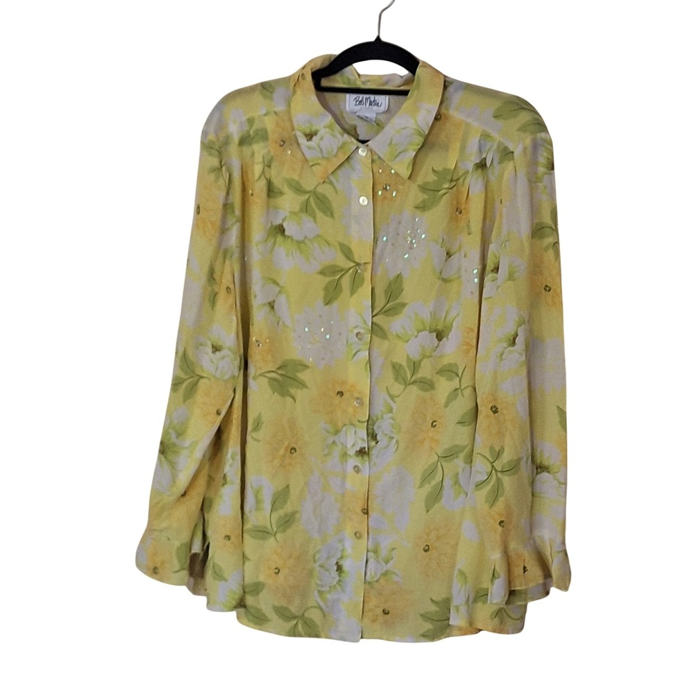 Bob Mackie Studio Womens 2X Yellow Floral 100% Silk Sequin Button Up Blouse Top